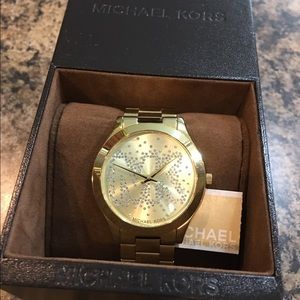 Nib Michael Kors Mk359 Slim Runway Gold 